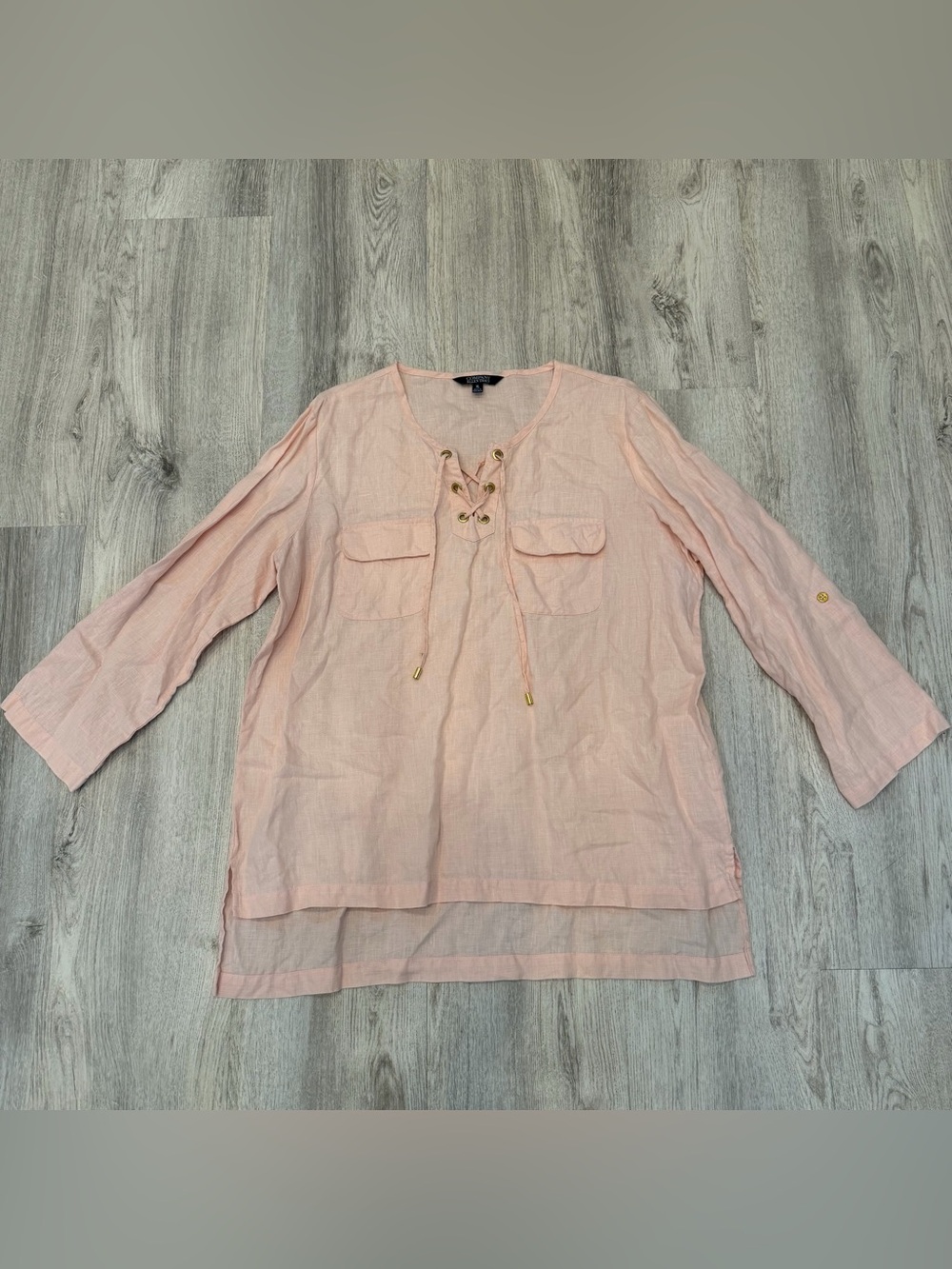 Company Ellen Tracy 100% Linen Peach Lace-Up Tunic Blouse XL